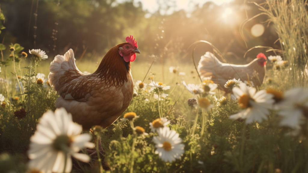 Poules picorant dans un champ d'absinthe